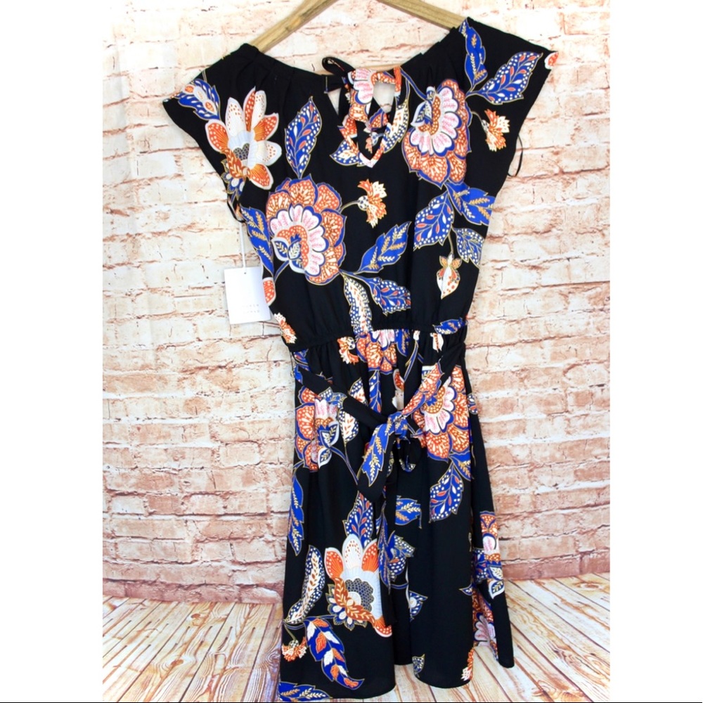 Lauren Conrad | Black Floral Tie Waist Mini Dress